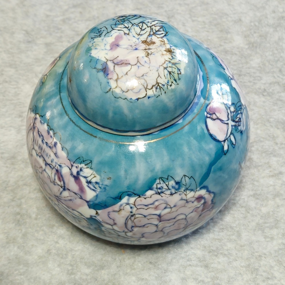 Unbranded Home Turquoise Blue Peony Floral Ceramic Ginger Jar Tea Caddy 4in